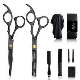 Professional Haircut Scissors Kit – 6.7″/6.89″ Black Cutting & Thinning Shears Set with Comb, Cape, Clips & Case