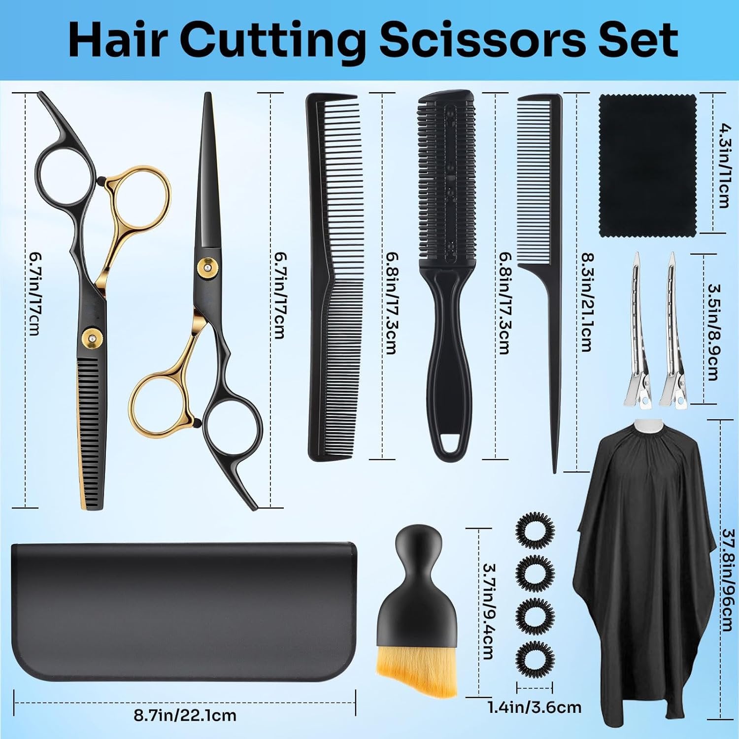 Professional 17-Piece Hair Cutting & Thinning Scissors Kit - Black & Gold Shears, Combs, Cape & Styling Accessories with Case - Image 4
