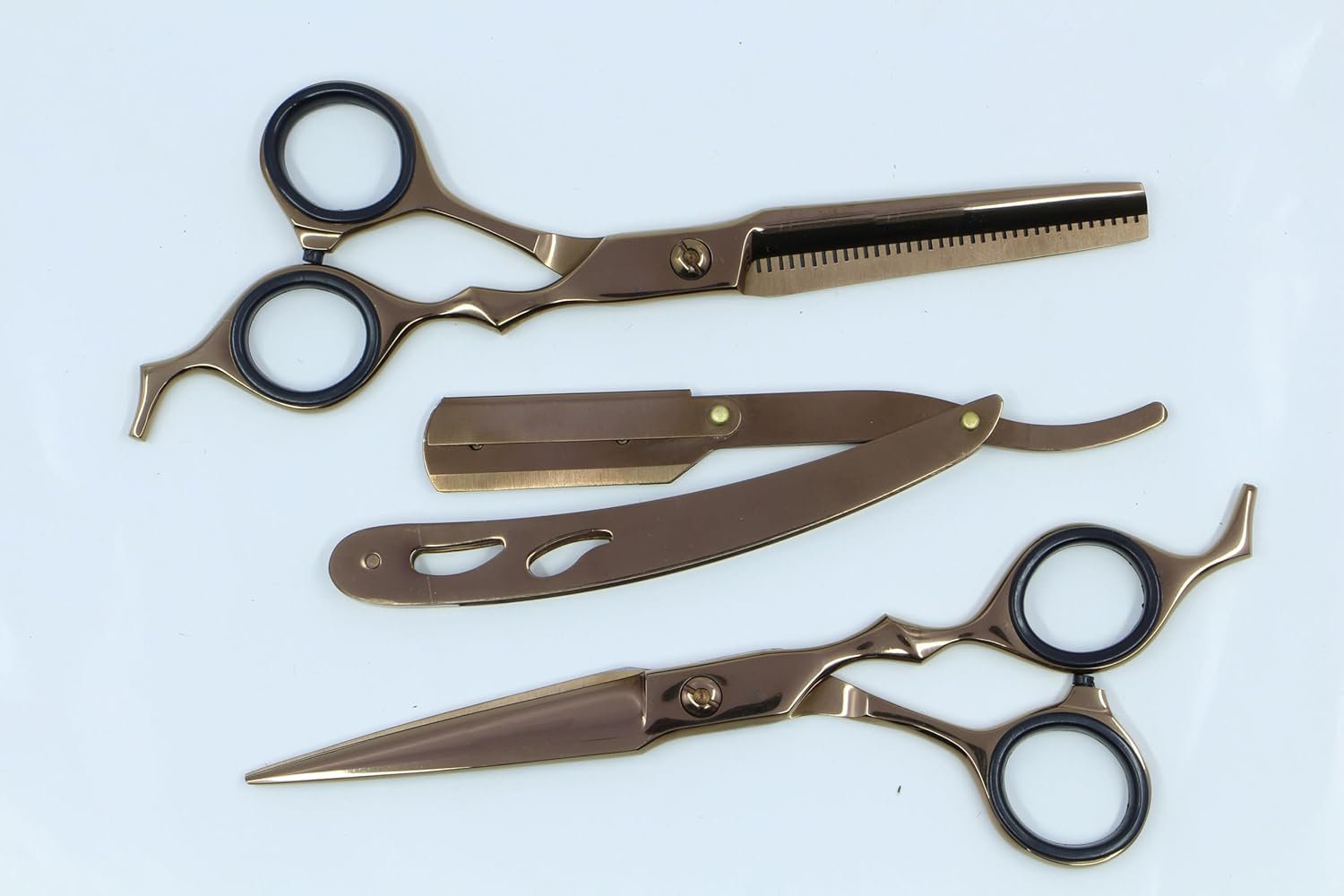 Professional Gold Barber Kit - 5-Piece Hair Cutting Set with Straight Razor, Straight, Curved & Thinning Shears, and Comb with Case - Image 3