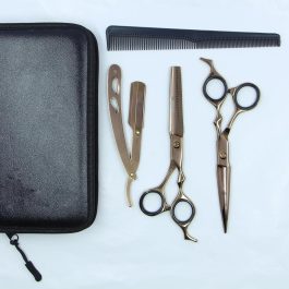 Professional Gold Barber Kit – 5-Piece Hair Cutting Set with Straight Razor, Straight, Curved & Thinning Shears, and Comb with Case