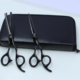 Professional Black Barber Kit – 5-Piece Hair Cutting Set with Straight Razor, Straight, Curved & Thinning Shears, and Comb with Case