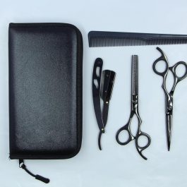 Professional Black Barber Kit – 5-Piece Hair Cutting Set with Straight Razor, Straight, Curved & Thinning Shears, and Comb with Case