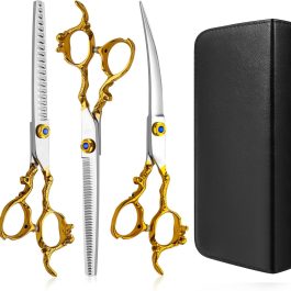 Professional Dragon Style Gold Pet Grooming Scissors Set – Curved, Thinning & Straight Shears with Case for Cats & Dogs