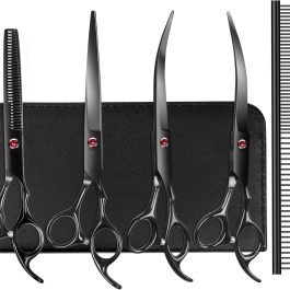 7.0in Titanium Professional Dog Grooming Scissors Set, BITE 6 in 1 Straight & Thinning & Upwards Curved & Downwards Curved Scissors & Comb for Dogs, Cats and Other Animals