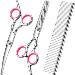 Dog Grooming Kit with Safety Round Tips Stainless Steel Professional Dog Shears Set – Thinning, Curved Scissors and Comb for Cat Pet