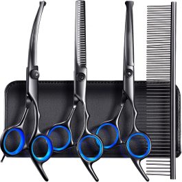 Dog Grooming Scissors Kit Professional 4CR with Safety Round Tip, 5 in 1 Heavy Duty Titanium Coated Thinning & Curved & Straight Shears