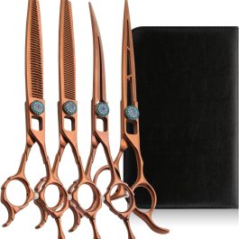 Professional Rose Gold Dog Grooming Scissors Set – 4-Piece Kit with Curved, Thinning, Straight & Chunker Shears