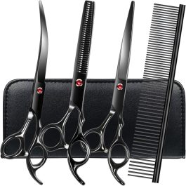 Professional Dog Grooming Scissors Set Stainless Steel Dog Grooming Kit – Thinning, Curved Scissors and Comb for Dog Cat Pet (Black 5 in1)