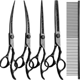 Professional 5-in-1 7.0-inch Black & Gold Dog Grooming Scissors Set – Straight, Thinning, Up & Down Curved Shears with Comb