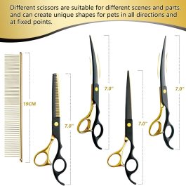 Professional 7.0in Black & Gold Pet Grooming Scissors Set – 5-in-1 Stainless Steel Kit for Dogs & Cats