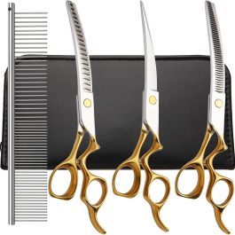Dog Grooming Scissors,Curved Chunkers Shears Dog Grooming with Safety Round Tips, Sharp and Comfortable 4 in 1 Dog Scissors for Grooming