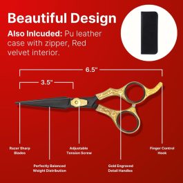 oldBlack Series Professional Hair Cutting Scissors – Gold Ornate Handle Straight Shears with Case
