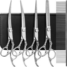 Professional 5-in-1 7.0-inch Black & Gold Dog Grooming Scissors Set – Straight, Thinning, Up & Down Curved Shears with Comb