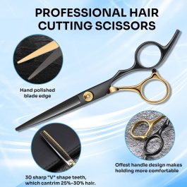Professional 17-Piece Hair Cutting & Thinning Scissors Kit – Black & Gold Shears, Combs, Cape & Styling Accessories with Case