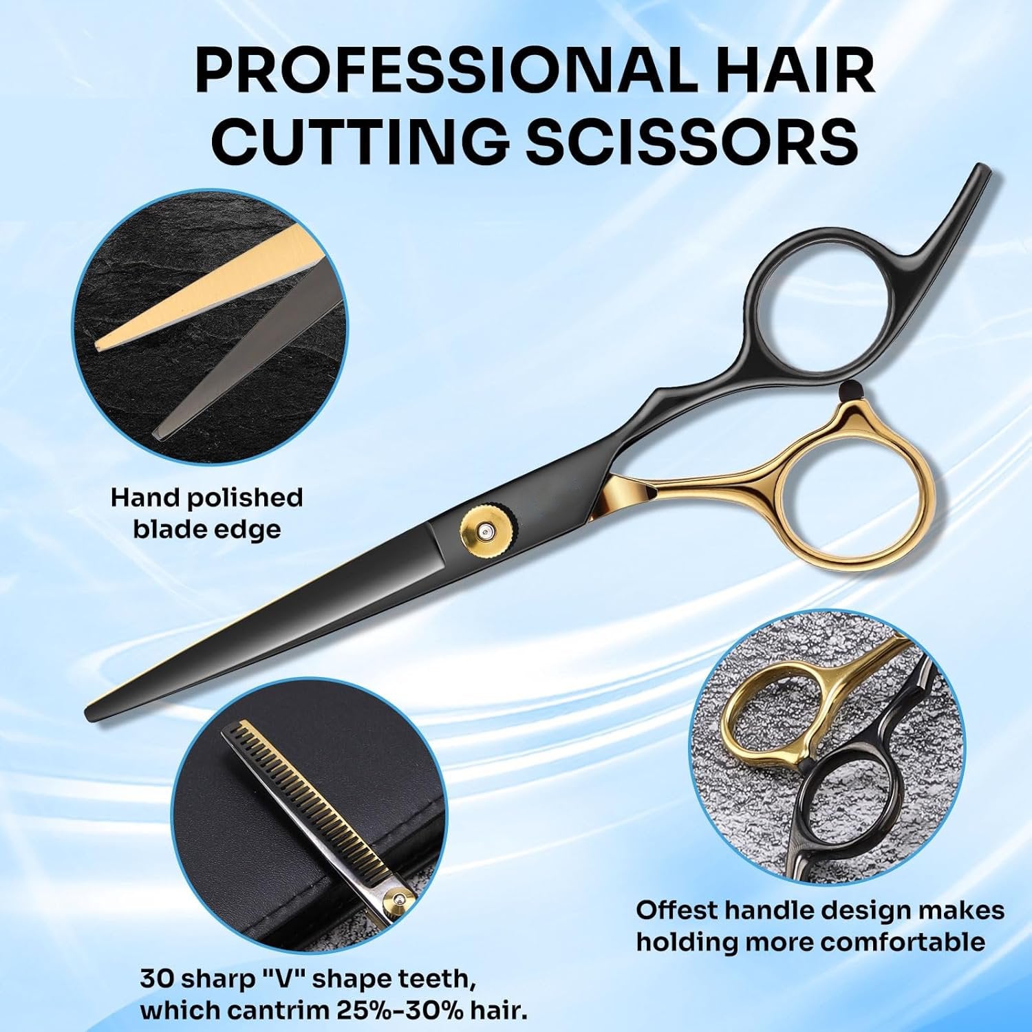 Professional 17-Piece Hair Cutting & Thinning Scissors Kit - Black & Gold Shears, Combs, Cape & Styling Accessories with Case - Image 2