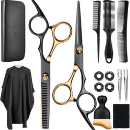 Professional 17-Piece Hair Cutting & Thinning Scissors Kit – Black & Gold Shears, Combs, Cape & Styling Accessories with Case