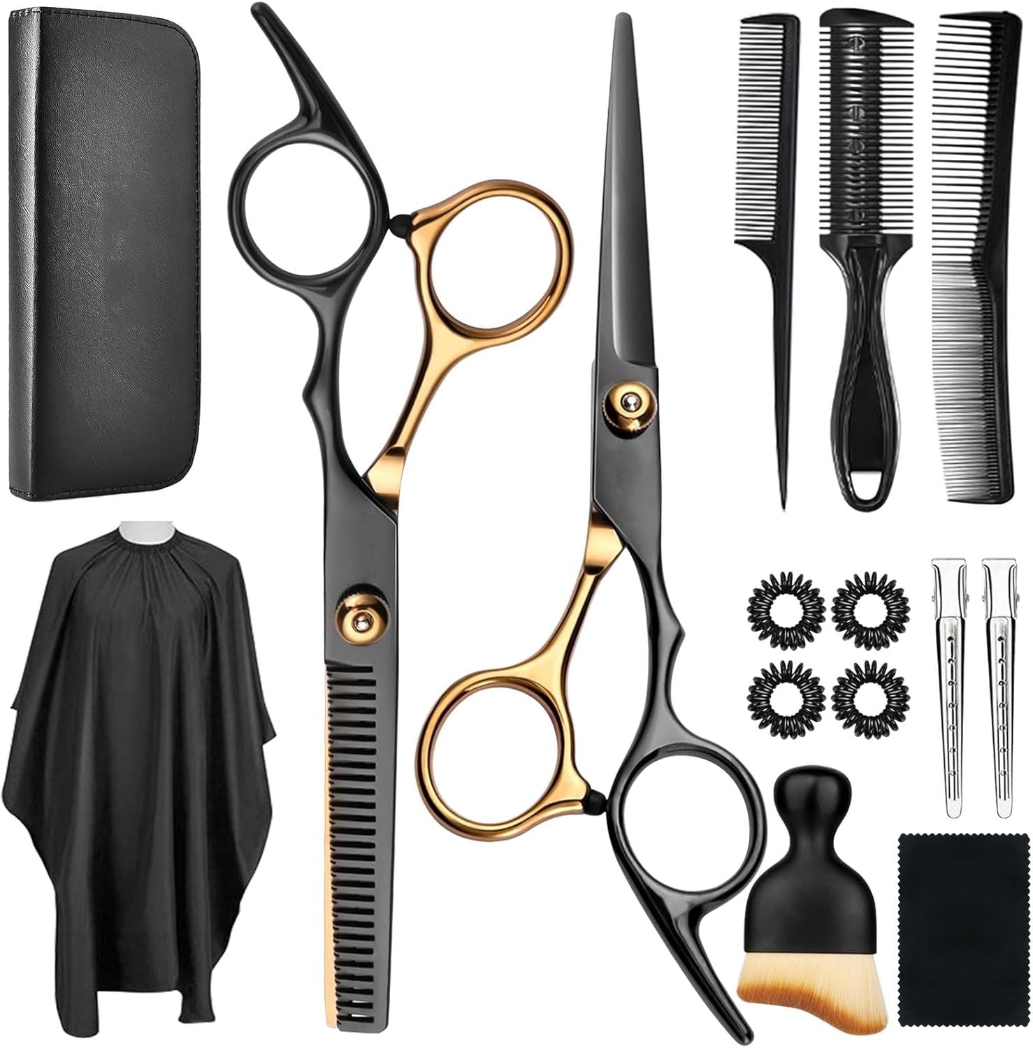 Professional 17-Piece Hair Cutting & Thinning Scissors Kit - Black & Gold Shears, Combs, Cape & Styling Accessories with Case