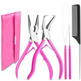 Hair Extension Tools- Stainless Steel Pliers Set for Micro Beads 1 Crochet Needle 1 Pulling Hook with Tail Comb