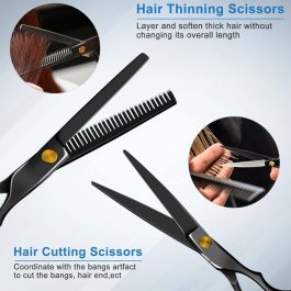 Professional Haircut Scissors Kit – 6.7″/6.89″ Black Cutting & Thinning Shears Set with Comb, Cape, Clips & Case