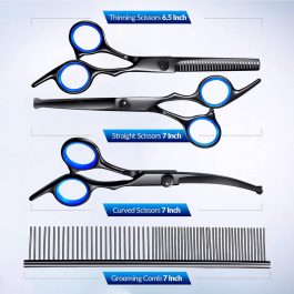 Dog Grooming Scissors Kit Professional 4CR with Safety Round Tip, 5 in 1 Heavy Duty Titanium Coated Thinning & Curved & Straight Shears