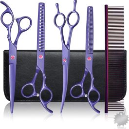 Professional Dog Grooming Scissors Set, 7 Inch/8 Inch Pet Grooming Scissors Chunkers Shears for Dog, Curved Dog Grooming Scissors, Thinning Shears for Dog with Grooming Comb