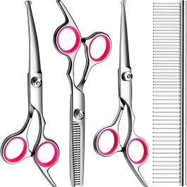 Professional Titanium Coated Dog Grooming Scissors Kit – 5-Piece Shears Set (Straight, Thinning, Curved) with Comb