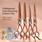 Professional Rose Gold Dog Grooming Scissors Set – 4-Piece Kit with Curved, Thinning, Straight & Chunker Shears