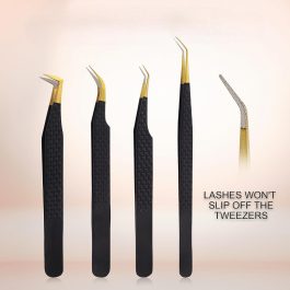 Bite Instruments Set Diamond Gold Grip Eyelash Extensions Tweezers German Stainless Steel