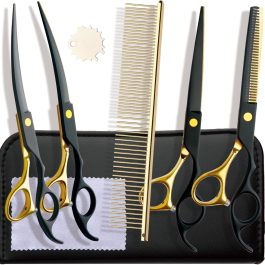 Professional 7.0in Black & Gold Pet Grooming Scissors Set – 5-in-1 Stainless Steel Kit for Dogs & Cats
