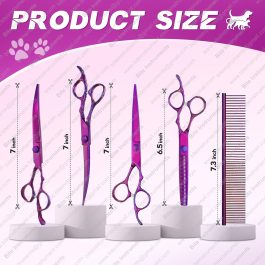 Dog Grooming Scissors Set – Professional 6 in 1 Dog Shears Kit – 6.5″ Thinning, 7″ Straight, 7″ Up-Curved, 7″ Down-curved Scissors with Comb