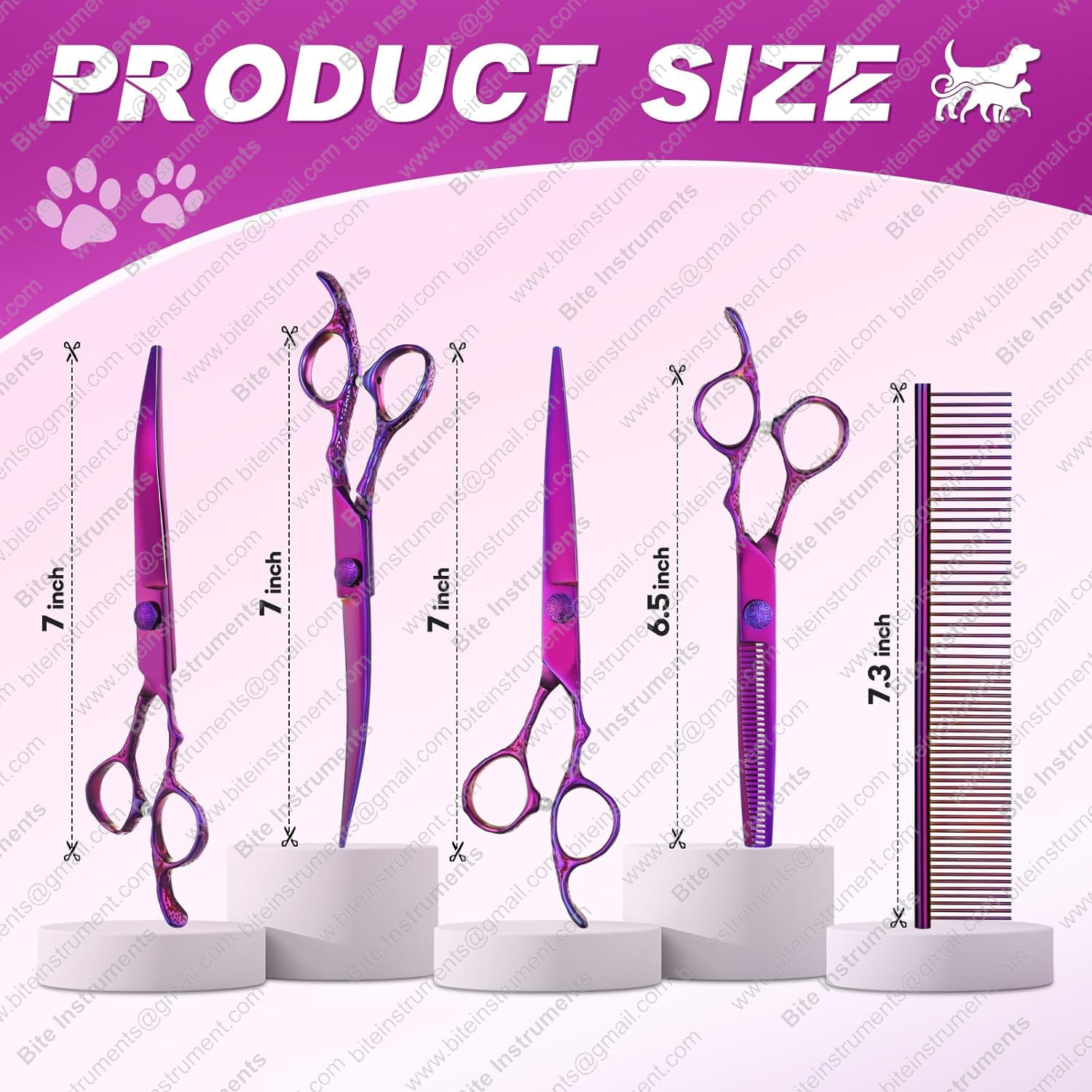 Dog Grooming Scissors Set - Professional 6 in 1 Dog Shears Kit - 6.5" Thinning, 7" Straight, 7" Up-Curved, 7" Down-curved Scissors with Comb - Image 2