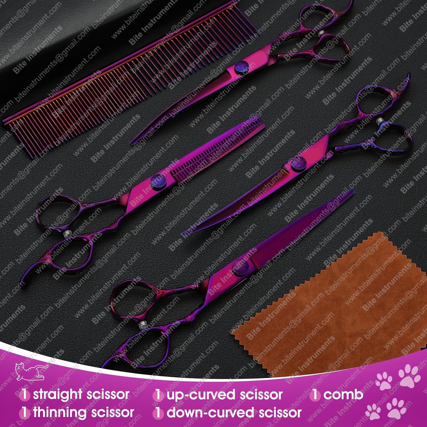 Dog Grooming Scissors Set - Professional 6 in 1 Dog Shears Kit - 6.5" Thinning, 7" Straight, 7" Up-Curved, 7" Down-curved Scissors with Comb - Image 3