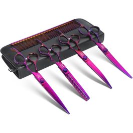 Dog Grooming Scissors Set – Professional 6 in 1 Dog Shears Kit – 6.5″ Thinning, 7″ Straight, 7″ Up-Curved, 7″ Down-curved Scissors with Comb