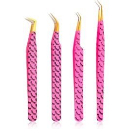 Bite Instruments Pink Eyelash Print 4-Piece Tweezer Set | Gold-Grip Lash Extensions Tweezers