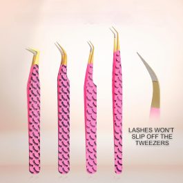 Bite Instruments Pink Eyelash Print 4-Piece Tweezer Set | Gold-Grip Lash Extensions Tweezers