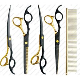 Professional 5-in-1 7.0-inch Black & Gold Dog Grooming Scissors Set – Straight, Thinning, Up & Down Curved Shears with Comb