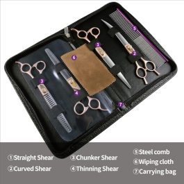 Professional 7.0-inch Rose Gold Dog Grooming Scissors Set – 440C Stainless Steel Curved, Thinning & Straight Shears with Comb