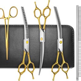Professional 5-in-1 Gold Dog & Cat Grooming Scissors Set – 7-inch Shears with Safety Round Tips & Comb